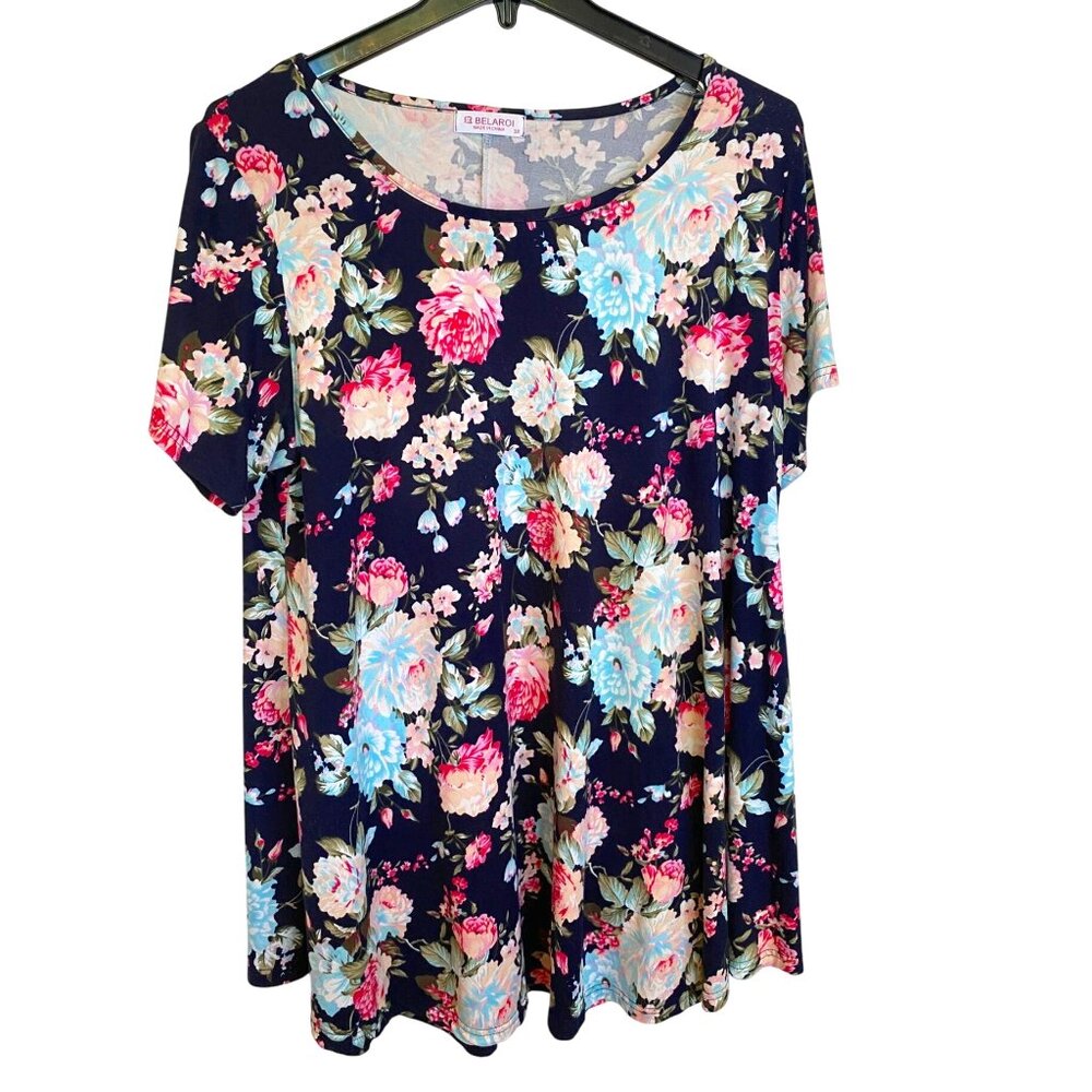 BELAROI 3X Navy Floral Swing Tunic Top Stretch Short Sleeve Longline Tropical